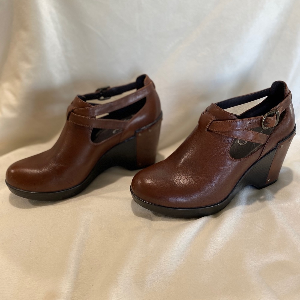Dansko brown leather heeled wedge booties